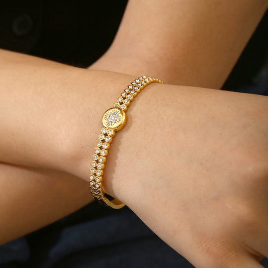 Gold Plated Floral Zircon Oval Centre Bangle Bracelet - Bangle - 18k Gold Plated Waterproof Jewellery - Collection 9