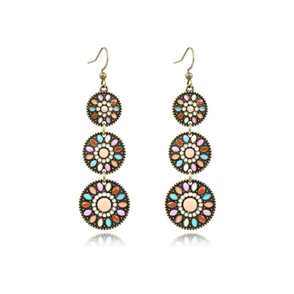 Antique Copper Triple Disc Peach Enamel & Pearl Dot Drop Earrings - Drop Earrings - 18k Gold Plated Waterproof Jewellery - Collection 9