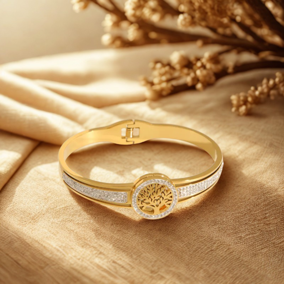 Gold Tree of Life Crystal Bangle - Jewelry - 18k Gold Plated Waterproof Jewellery - Collection 9