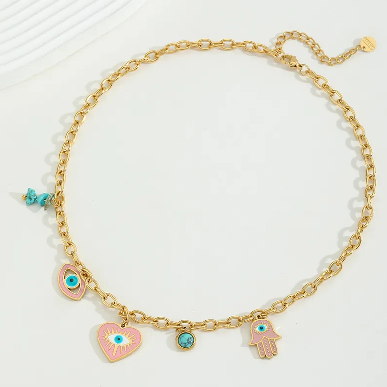 Evil Eye Hamsa Pink Enamel Charm Necklace - Necklace - 18k Gold Plated Waterproof Jewellery - Collection 9