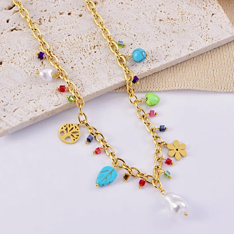 Multicolour Floral Charm Necklace - Necklace - 18k Gold Plated Waterproof Jewellery - Collection 9