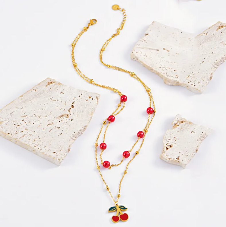 Cherry Red Pearl Layered Necklace - Necklace - 18k Gold Plated Waterproof Jewellery - Collection 9