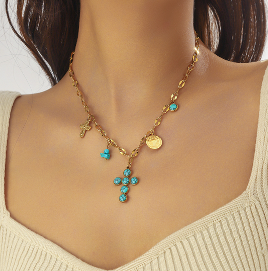 Turquoise Cross Coin Charm Necklace - Necklace - 18k Gold Plated Waterproof Jewellery - Collection 9