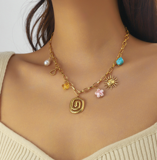 Sun Butterfly Spiral Multi Charm Necklace - Necklace - 18k Gold Plated Waterproof Jewellery - Collection 9