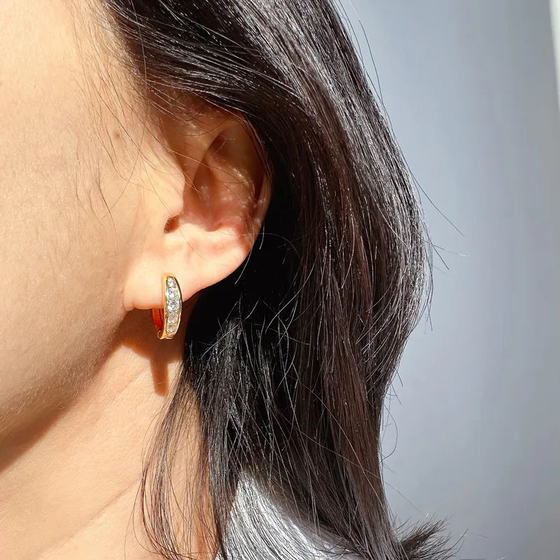 Gold Channel Set Crystal Huggie Earrings - - 18k Gold Plated Waterproof Jewellery - Collection 9