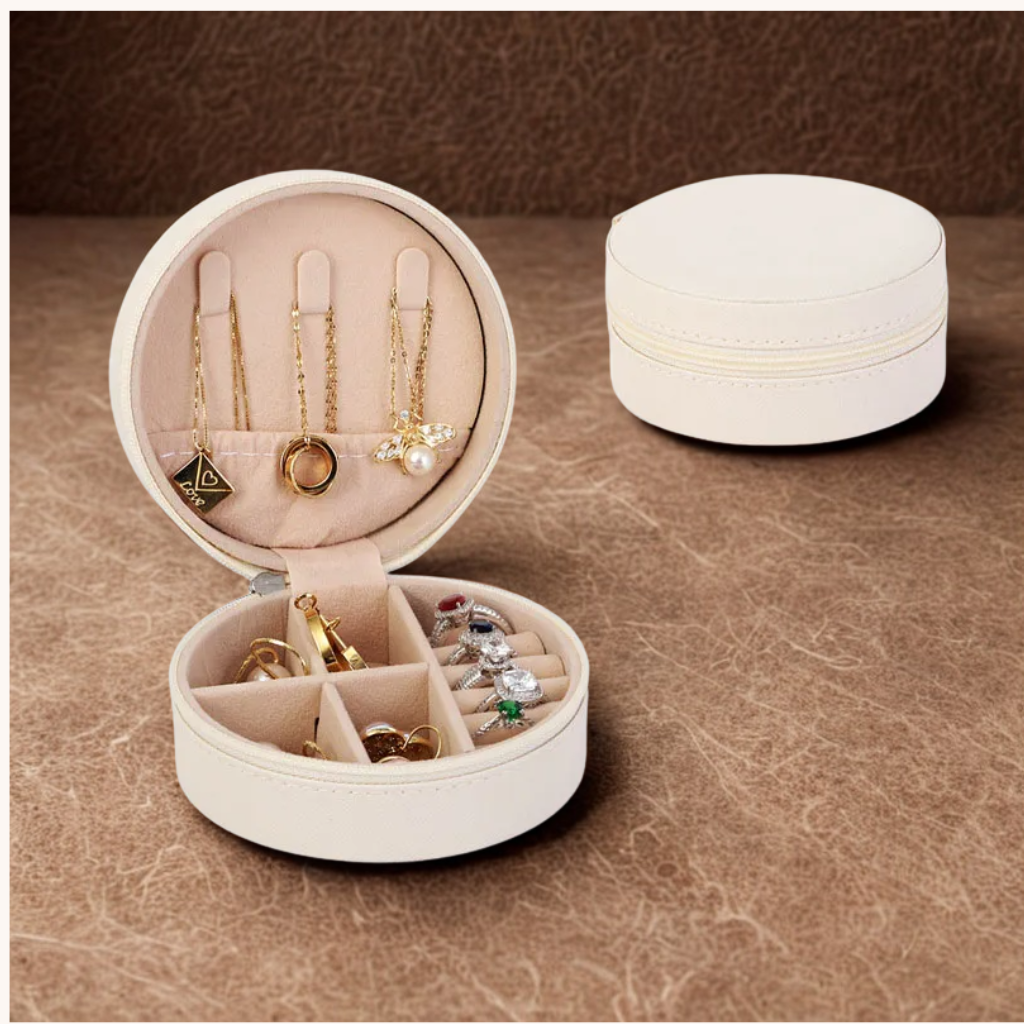 White Cross Pattern Round Luxury Travel Jewellery Box - - 18k Gold Plated Waterproof Jewellery - Collection 9