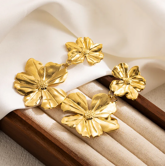 Gold Double Flower Drop Earrings - Jewelry - 18k Gold Plated Waterproof Jewellery - Collection 9