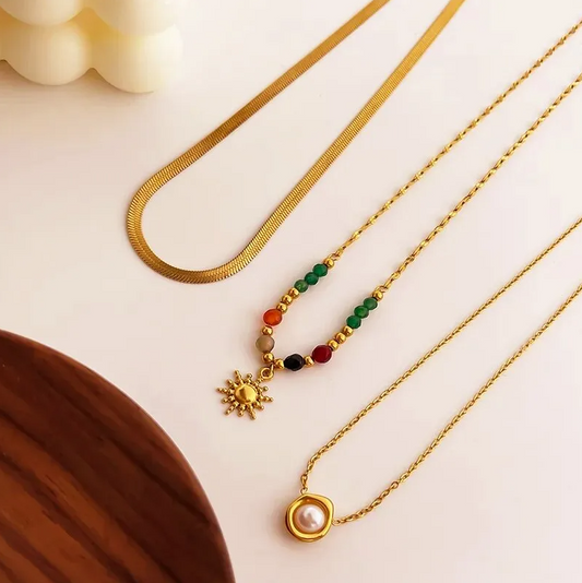 Gold Colorful Bead Sun Pendant Necklace - Jewelry - 18k Gold Plated Waterproof Jewellery - Collection 9