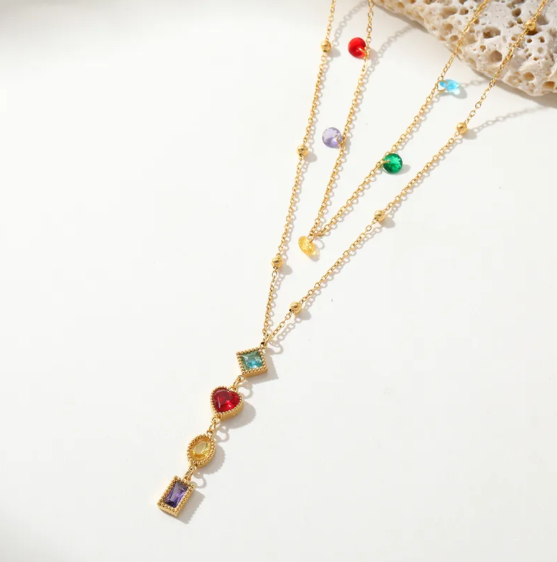 Gold Rainbow Gem Multi-Layer Necklace - Jewelry - 18k Gold Plated Waterproof Jewellery - Collection 9