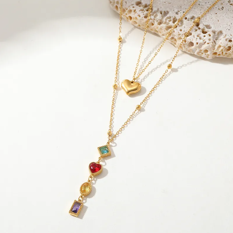Gold Multi-Gem Heart Layered Necklace - Jewelry - 18k Gold Plated Waterproof Jewellery - Collection 9