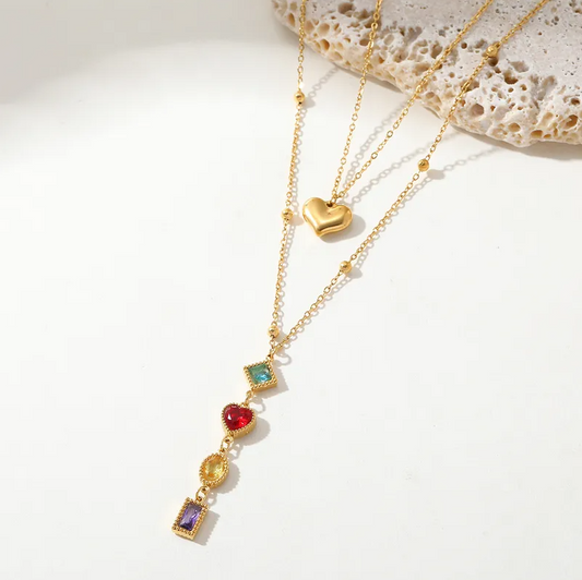 Gold Multi-Gem Heart Layered Necklace - Jewelry - 18k Gold Plated Waterproof Jewellery - Collection 9