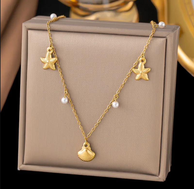 Gold Pearl Starfish Shell Charm Necklace - Jewelry - 18k Gold Plated Waterproof Jewellery - Collection 9