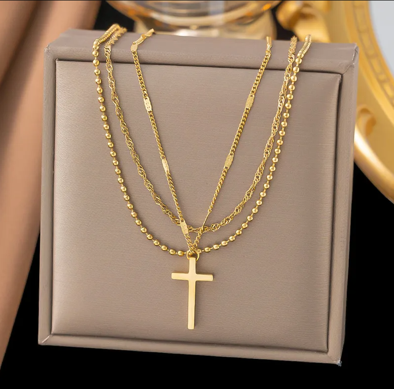 Gold Cross Multi-Chain Layered Necklace - Jewelry - 18k Gold Plated Waterproof Jewellery - Collection 9