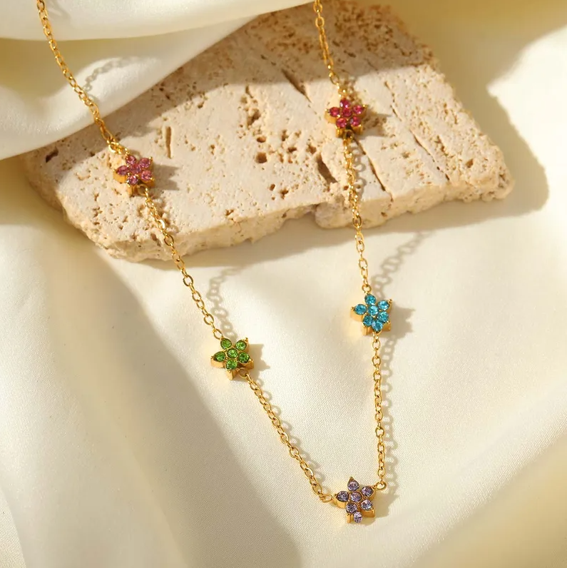 Gold Rainbow Crystal Flower Chain Necklace - Jewelry - 18k Gold Plated Waterproof Jewellery - Collection 9
