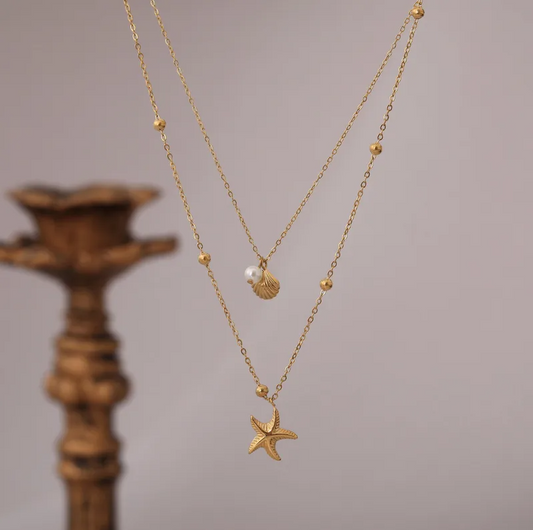 Gold Pearl Starfish Shell Layered Necklace - Jewelry - 18k Gold Plated Waterproof Jewellery - Collection 9
