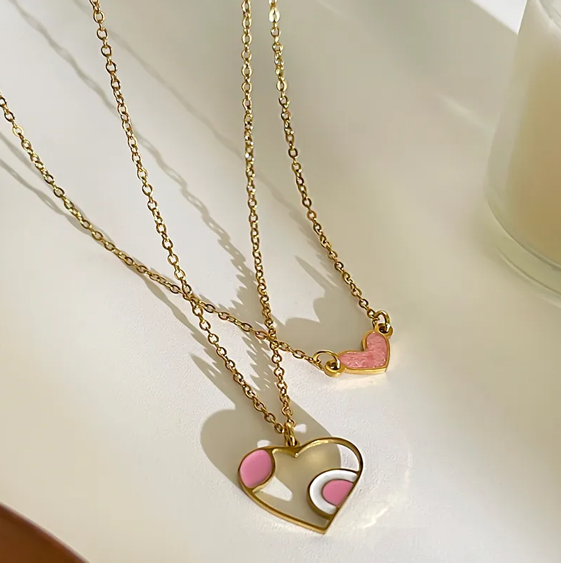 Gold Pink and White Heart Necklace - Jewelry - 18k Gold Plated Waterproof Jewellery - Collection 9