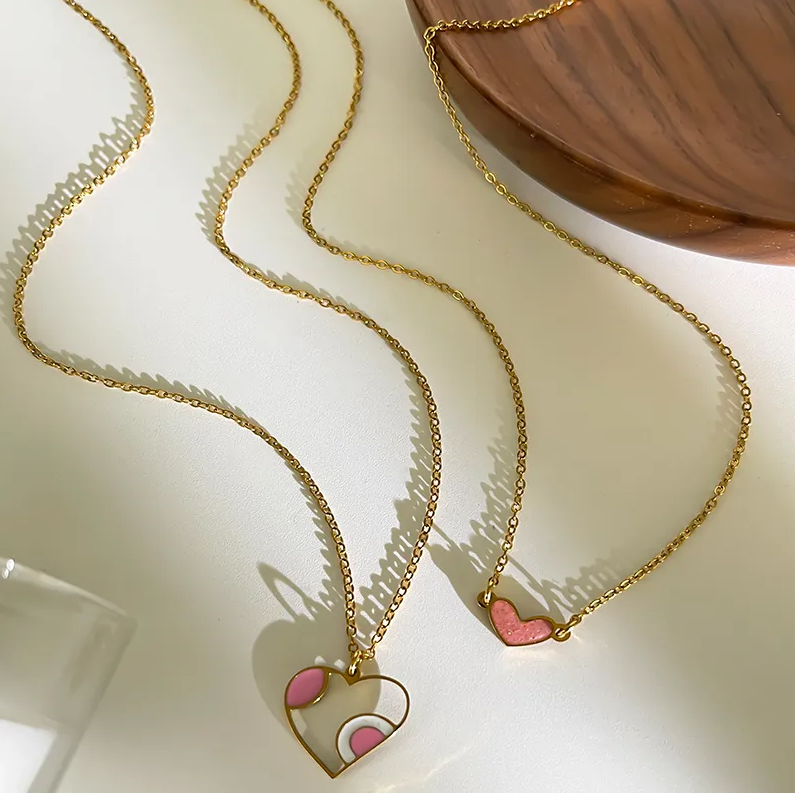 Gold Pink and White Heart Necklace - Jewelry - 18k Gold Plated Waterproof Jewellery - Collection 9