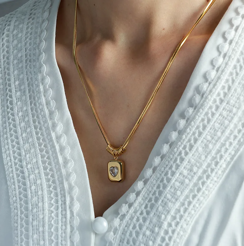 Gold Crystal Heart Rectangle Pendant Necklace - Jewelry - 18k Gold Plated Waterproof Jewellery - Collection 9