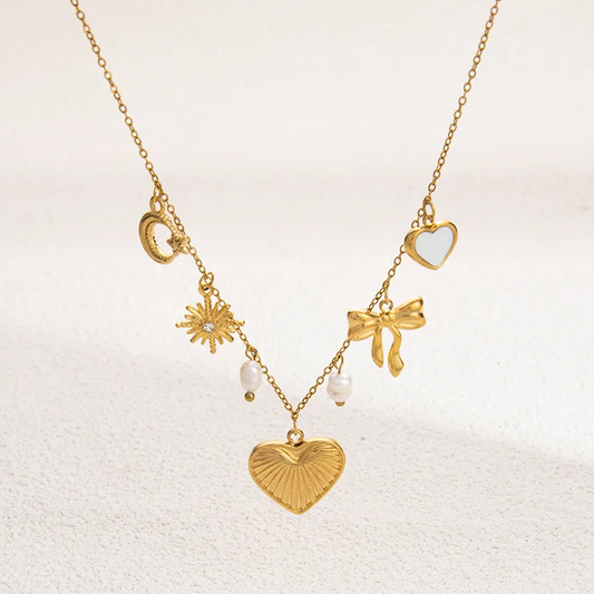 Gold Pearl Charm Heart Bow Necklace - Jewelry - 18k Gold Plated Waterproof Jewellery - Collection 9