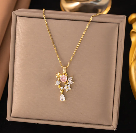 Gold Pink Crystal Flower Drop Necklace - Jewelry - 18k Gold Plated Waterproof Jewellery - Collection 9