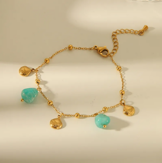 Gold Green Stone Shell Charm Bracelet - Jewelry - 18k Gold Plated Waterproof Jewellery - Collection 9