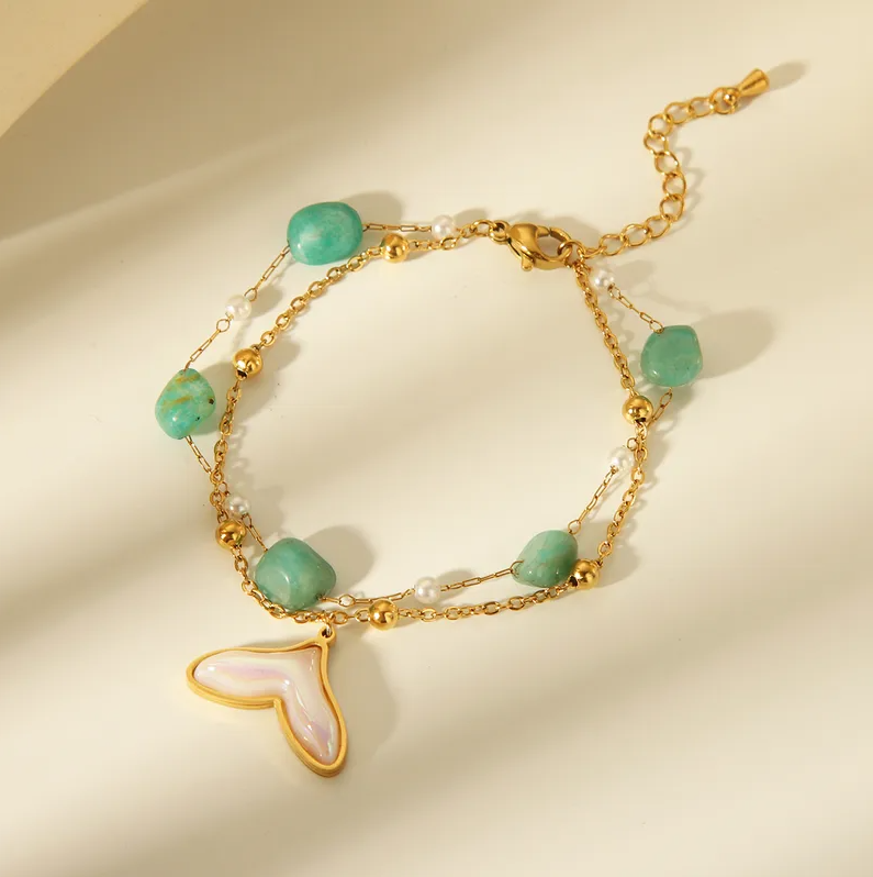 Gold Green Stone Shell Charm Bracelet - Jewelry - 18k Gold Plated Waterproof Jewellery - Collection 9