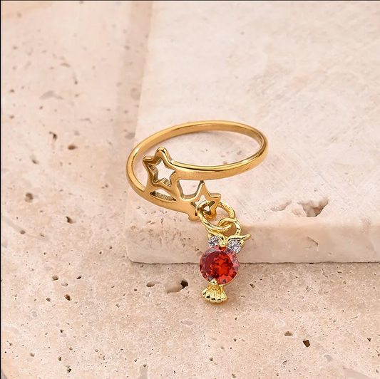 Gold Star Red Crystal Charm Ring - Jewelry - 18k Gold Plated Waterproof Jewellery - Collection 9