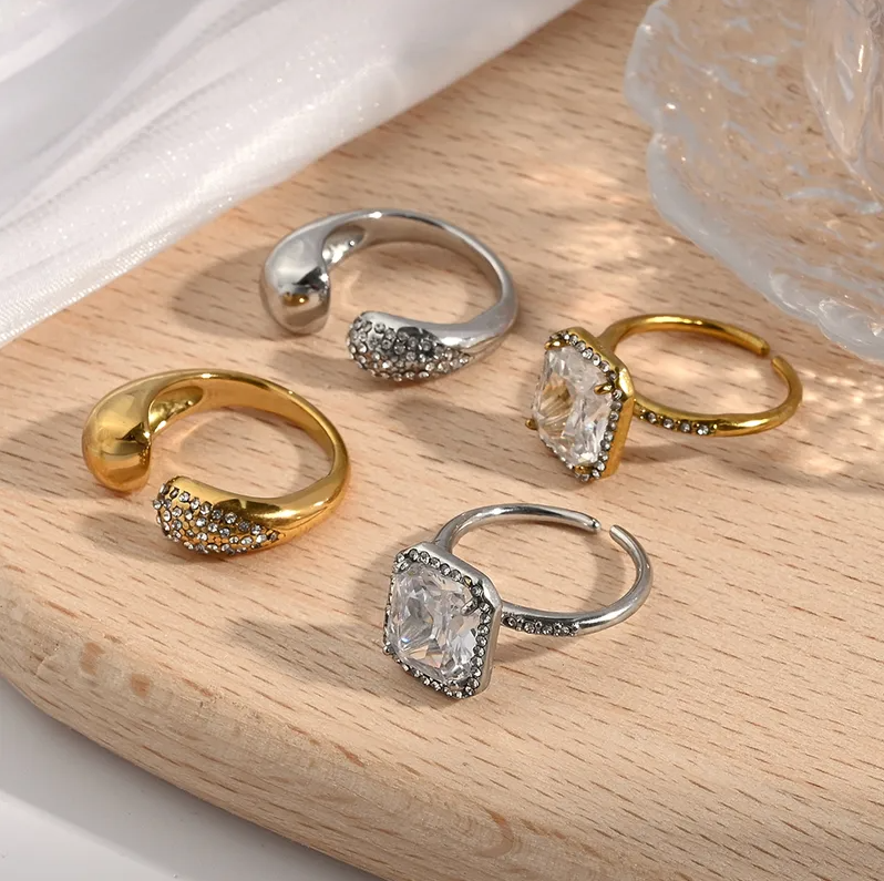Gold Crystal Pave Dome Adjustable Ring - Jewelry - 18k Gold Plated Waterproof Jewellery - Collection 9