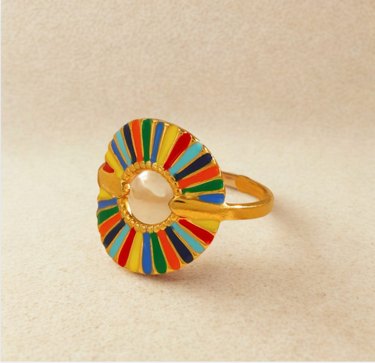 Gold Rainbow Enamel Sunburst Adjustable Ring - Jewelry - 18k Gold Plated Waterproof Jewellery - Collection 9