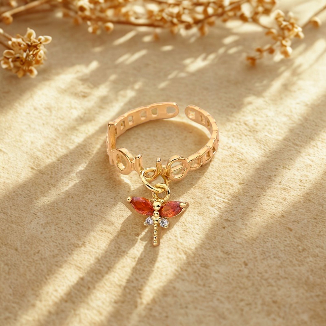 Gold Red Crystal Dragonfly Chain Link Ring - Jewelry - 18k Gold Plated Waterproof Jewellery - Collection 9