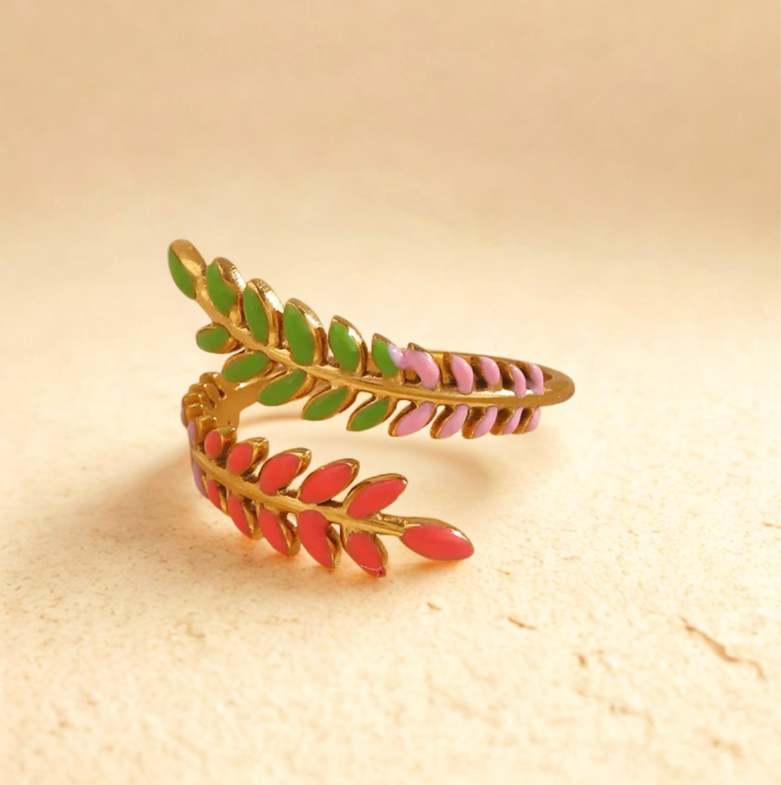 Gold Rainbow Enamel Leaf Wrap Ring - Jewelry - 18k Gold Plated Waterproof Jewellery - Collection 9