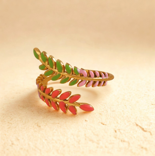 Gold Rainbow Enamel Leaf Wrap Ring - Jewelry - 18k Gold Plated Waterproof Jewellery - Collection 9