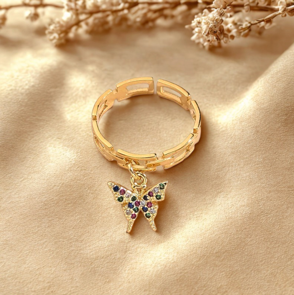 Gold Multicolor Crystal Butterfly Ring - Jewelry - 18k Gold Plated Waterproof Jewellery - Collection 9