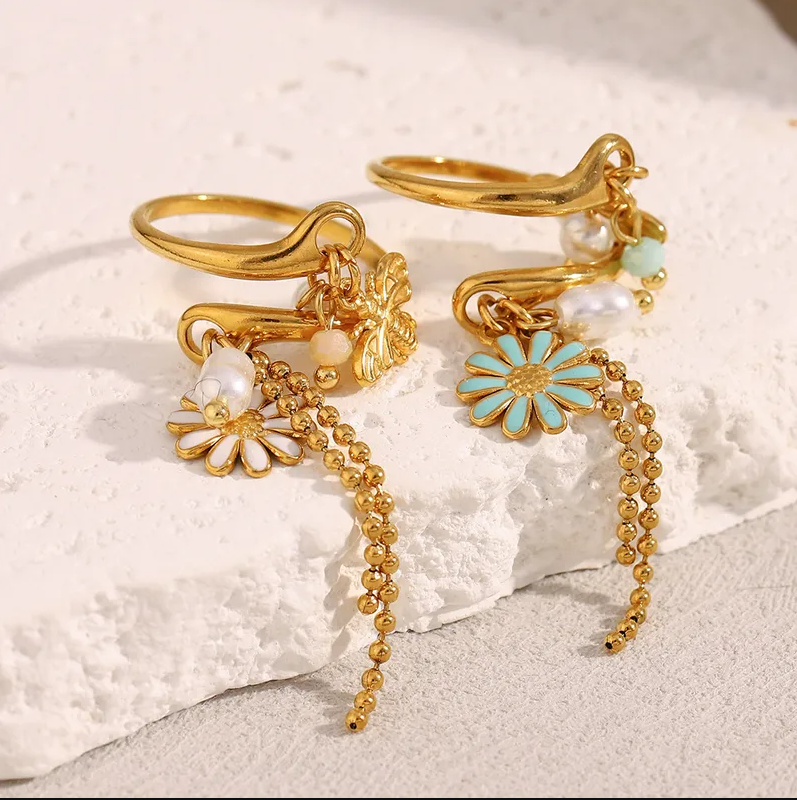 Gold Pearl Butterfly Tassel Chain Open Ring - Jewelry - 18k Gold Plated Waterproof Jewellery - Collection 9