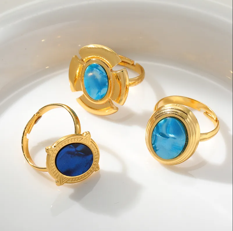 Gold Blue Inlay Geometric Ring - Jewelry - 18k Gold Plated Waterproof Jewellery - Collection 9