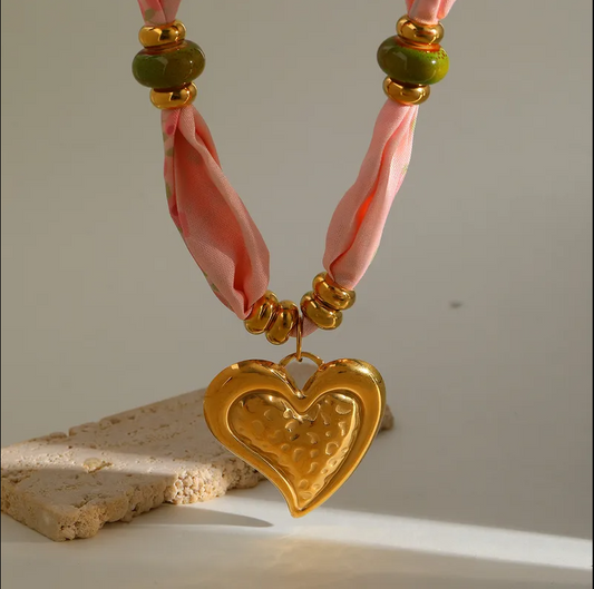 Pink Heart Charm Scarf Necklace - Jewelry - 18k Gold Plated Waterproof Jewellery - Collection 9