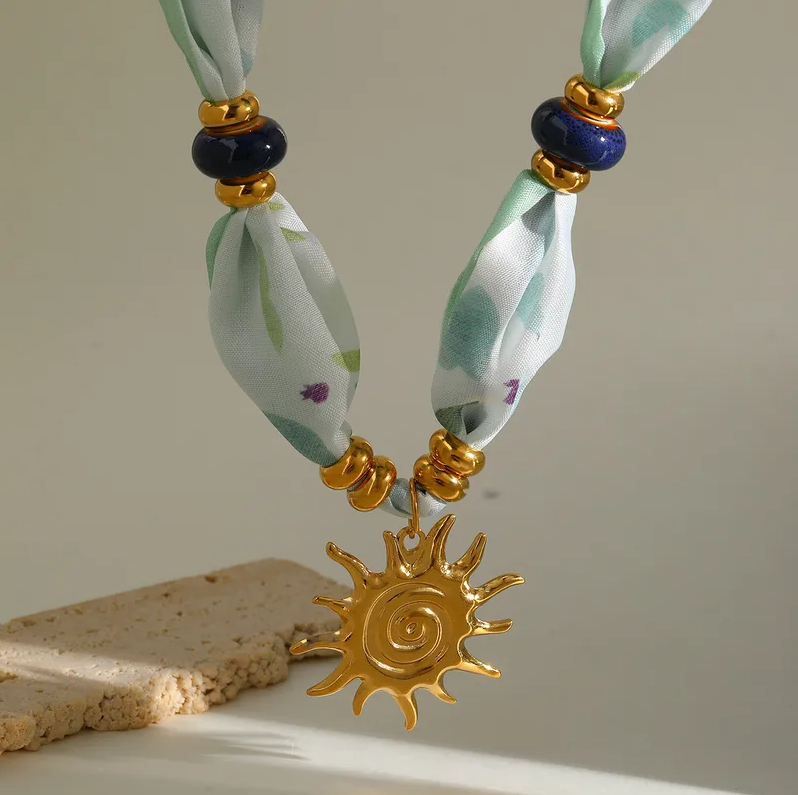 Green Floral Sun Charm Scarf Necklace - Jewelry - 18k Gold Plated Waterproof Jewellery - Collection 9