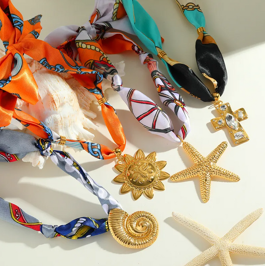 Blue Paisley Shell Charm Scarf Necklace - Jewelry - 18k Gold Plated Waterproof Jewellery - Collection 9