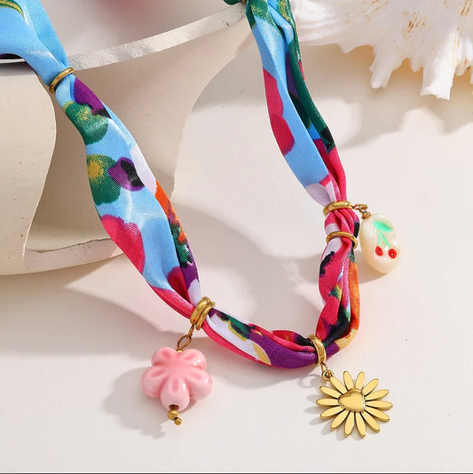 Colorful Flower Cherry Multi-Charm Scarf Necklace - Jewelry - 18k Gold Plated Waterproof Jewellery - Collection 9
