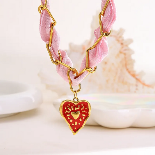 Pink Red Heart Paperclip Chain Scarf Necklace - Jewelry - 18k Gold Plated Waterproof Jewellery - Collection 9