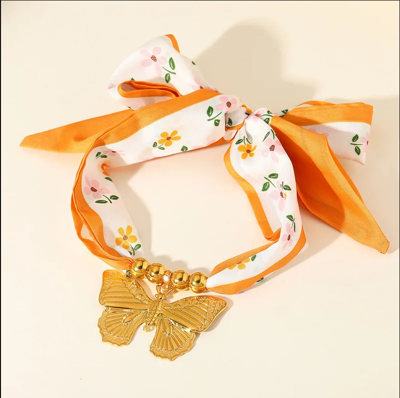 Orange Floral Butterfly Scarf Necklace - Jewelry - 18k Gold Plated Waterproof Jewellery - Collection 9