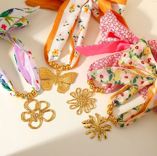 Orange Floral Butterfly Scarf Necklace - Jewelry - 18k Gold Plated Waterproof Jewellery - Collection 9