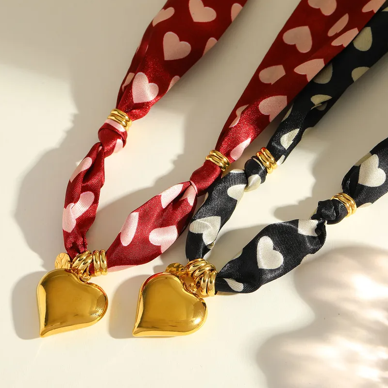Black Heart Print Gold Heart Scarf Necklace - Jewelry - 18k Gold Plated Waterproof Jewellery - Collection 9