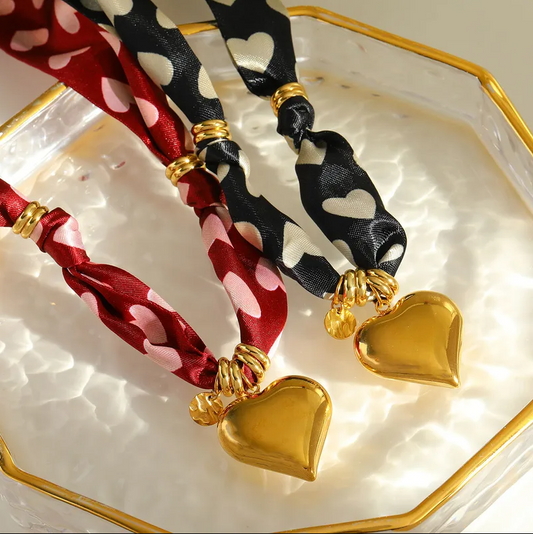 Red Heart Print Gold Heart Scarf Necklace - Jewelry - 18k Gold Plated Waterproof Jewellery - Collection 9