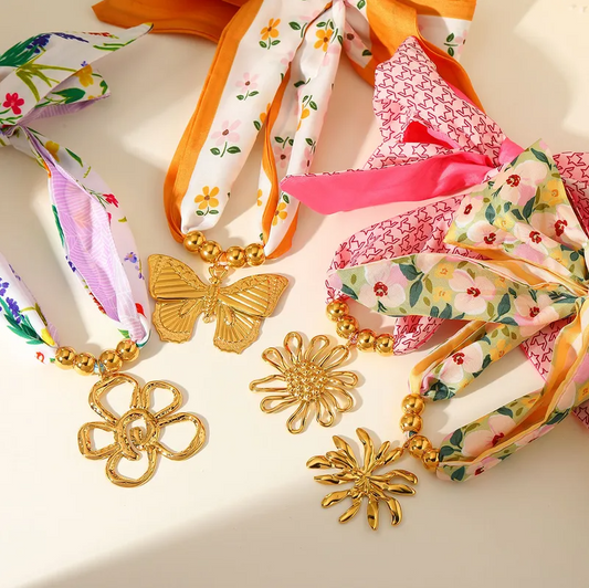 White Floral Gold Flower Scarf Necklace - Jewelry - 18k Gold Plated Waterproof Jewellery - Collection 9