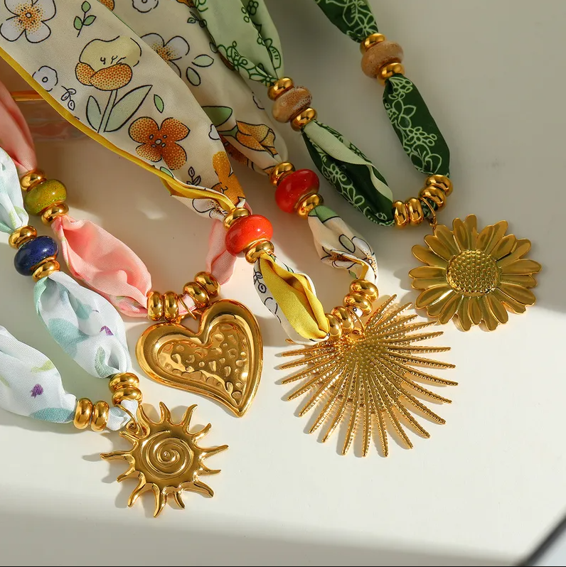 Green Paisley Gold Sunflower Scarf Necklace - Jewelry - 18k Gold Plated Waterproof Jewellery - Collection 9