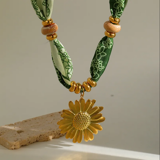 Green Paisley Gold Sunflower Scarf Necklace - Jewelry - 18k Gold Plated Waterproof Jewellery - Collection 9