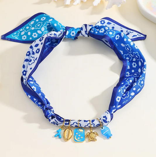 Blue Floral Ocean Multi-Charm Scarf Necklace - Jewelry - 18k Gold Plated Waterproof Jewellery - Collection 9