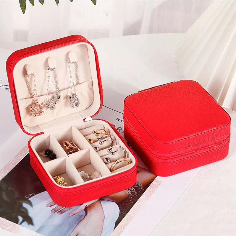 Red Square Cross Pattern Luxury Travel Jewellery Box - Jewellery Boxes - 18k Gold Plated Waterproof Jewellery - Collection 9