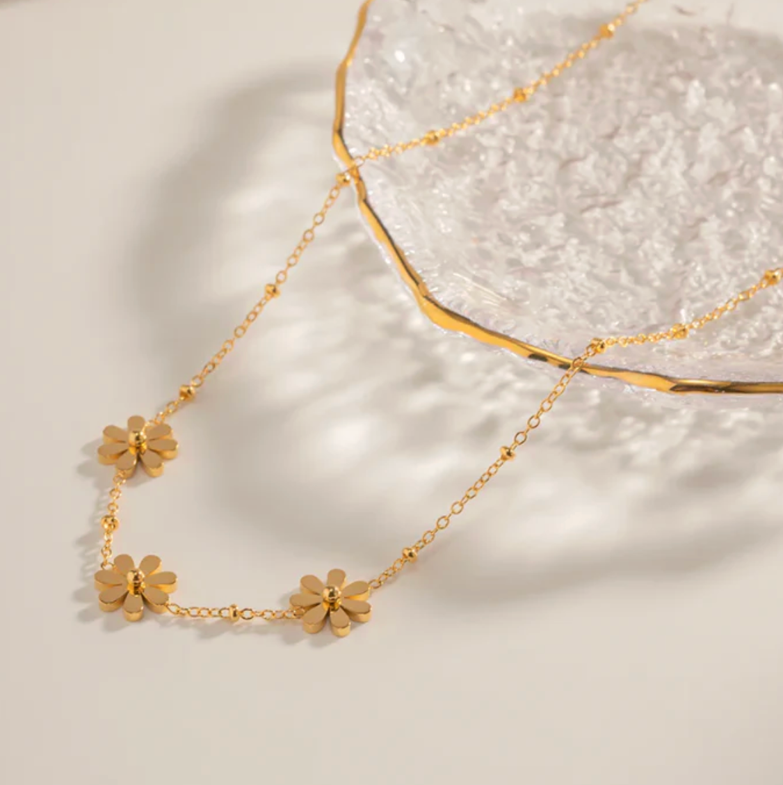Gold Triple Daisy Chain Necklace - Jewelry - 18k Gold Plated Waterproof Jewellery - Collection 9